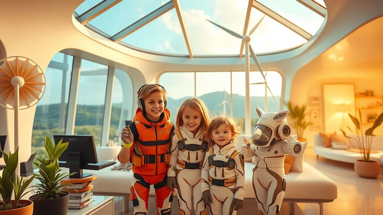 Futuristic family living in a luxurious future home, exciting technology, sustainable technology, solar power, water turbine, wind turbine, happy children, beautiful high-tech clothing, colour photograph