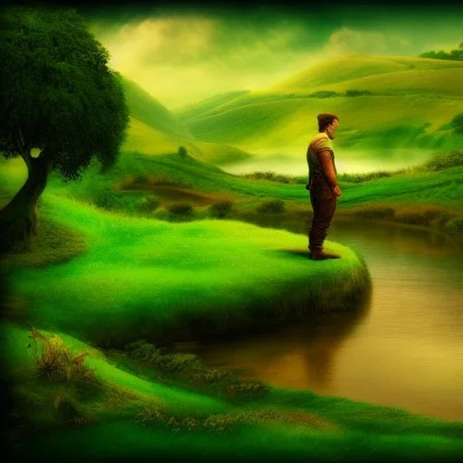 Landscape, the shire, fantasy, green, Brown, warm, a man sitten by the river