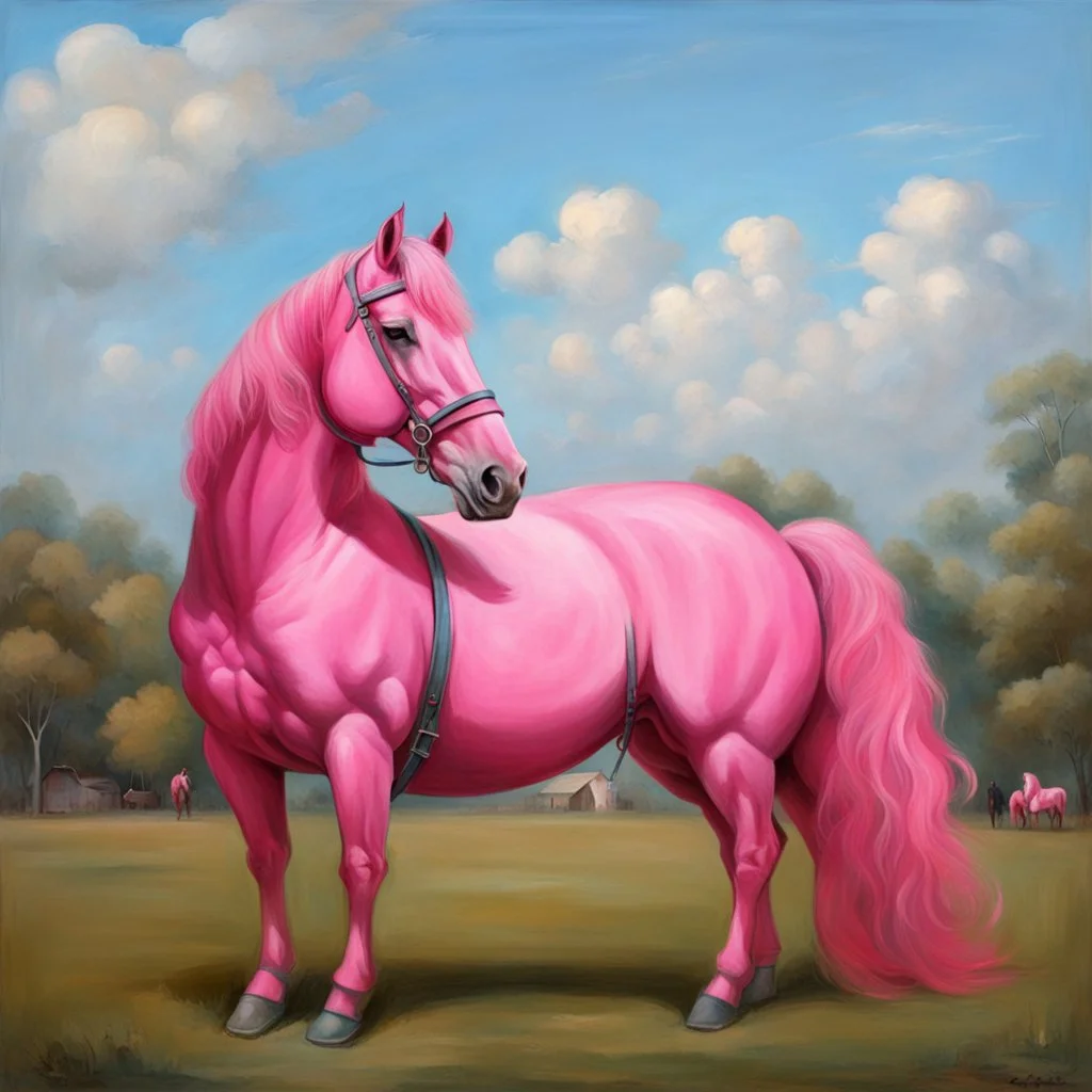 a pink horse with a big man sit it like a 19th painting