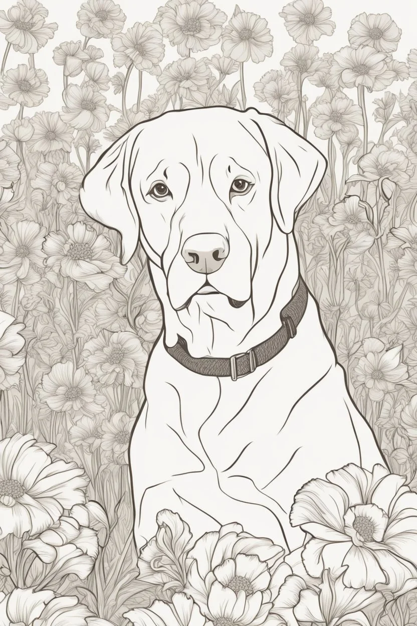 Portrait of a golden lab in a lively field of marigolds, mature coloring artwork, contour, vector, clean line art, white background, detailed, black and white, in the style of kalamkari design