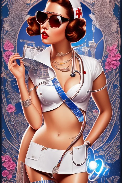 Retro-futuristic intricately drawn nurse Pin up Poster, detailed face. Beautiful woman. big retro sunglasses, body tattooed, bra, stockings, Full body hiphop street wear drip highly detailed, hyper detailed painting, complex, 8K, HD