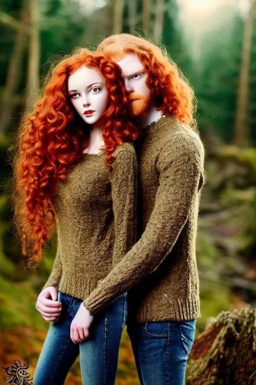 Jeune couple, visage hyper détaillé, réaliste. Forêt fantaisiste détaillée,paysage magnifique, Fille rousse aux cheveux raides et longs, garçon grand, musclé très longs cheveux bruns très bouclés. Fille jean pull, garçon tenue de bûcheron.