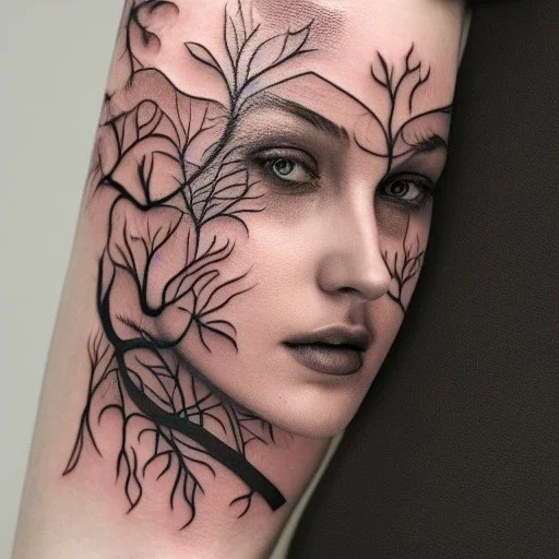 full face tattoo of branches and leaves that extend past face and become real, 8k resolution, high-quality, fine-detail, intricate, digital art, detailed matte, volumetric lighting, illustration, octane render,