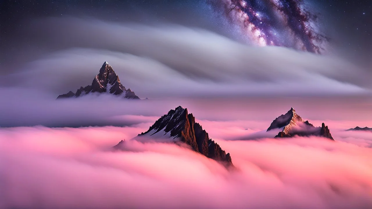 A surreal night-time scene featuring a sharp mountain peak rising through a thick layer of fog. Only one single peak is visible, The mountain's dark, jagged silhouette contrasts against the soft, pastel hues of the fog illuminated by moonlight. Above, the night sky is adorned with countless stars and a segment of the Milky Way, adding a sense of wonder and vastness to the scene. The overall atmosphere is mystical and serene, capturing the beauty of nature in a high-resolution, panoramic view