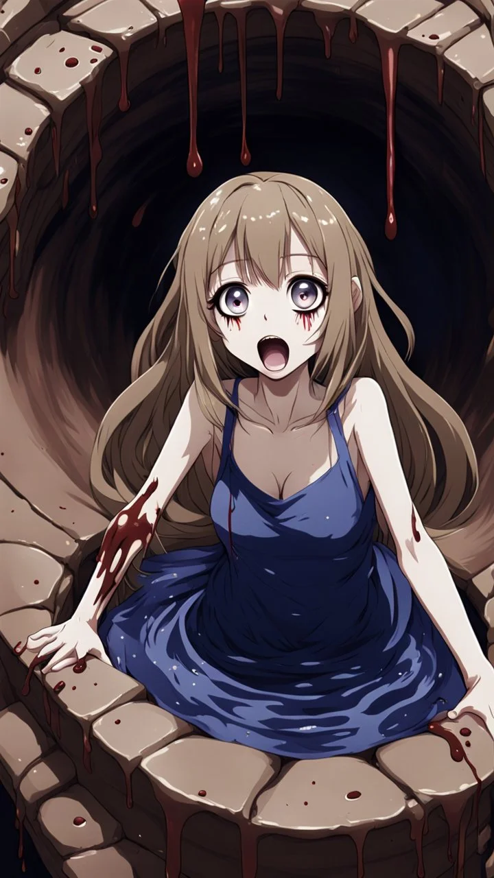 Anime girl with big eyes, darkblue and sepia tones, fullbody, slime, the perspective looking up from the bottom of an empty well, rolling eyes, tongue out, blood drip, open mouth,