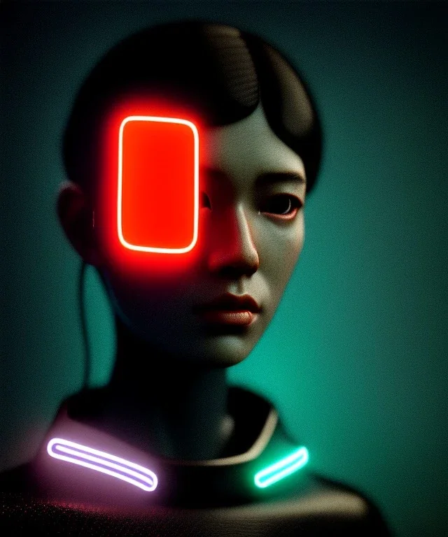 Ultra realistic photographic night portrait, cinematic, <Asian woman> many wires coming out of the head <perfect pupil><glow eye> <cyborg arm> <garage> <wide angle><x-rays>, hot, retro futuristic dress <Helmut newton photo style>, neon lights, color fog, soft color, highly detailed, unreal engine 5, ray tracing, RTX, lumen lighting, ultra detail, volumetric lighting, high definition.