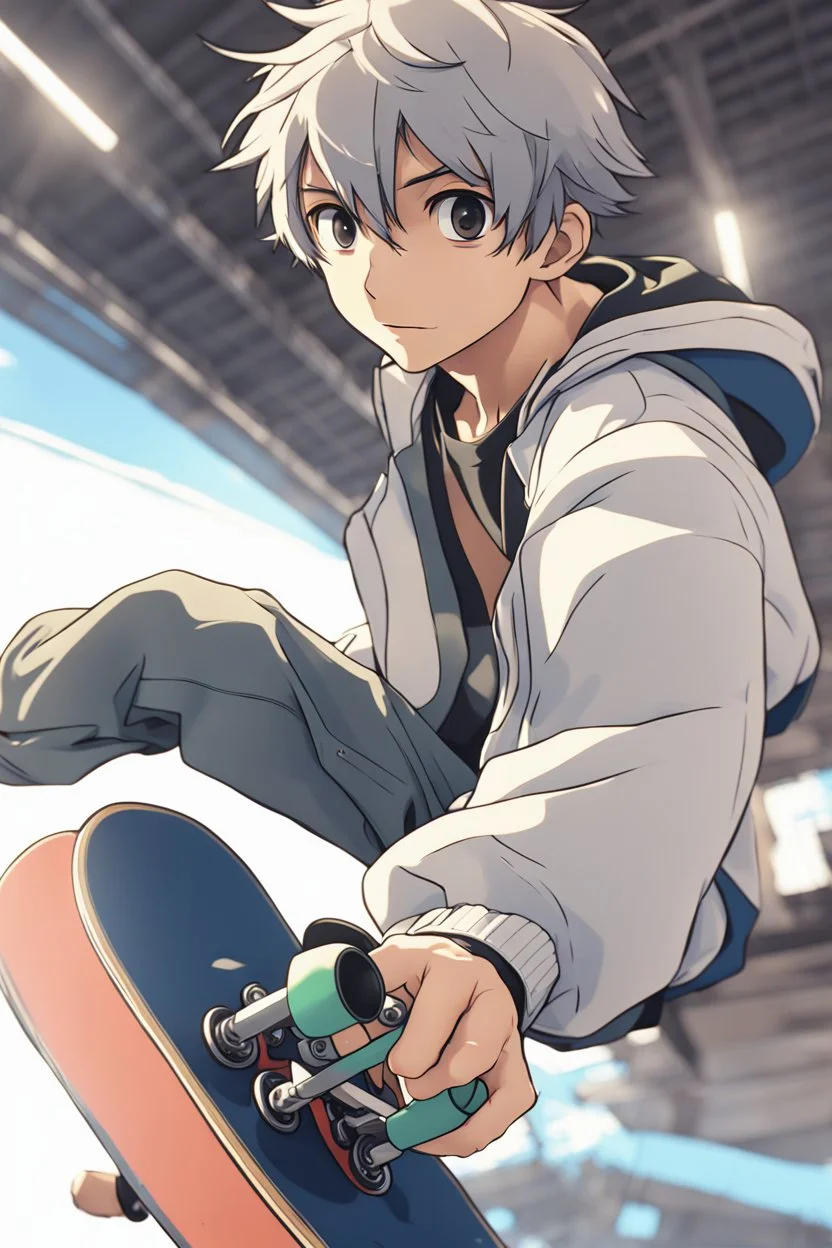 8k quality realistic image of an attractive anime boy doing a skateboard trick, action, up close