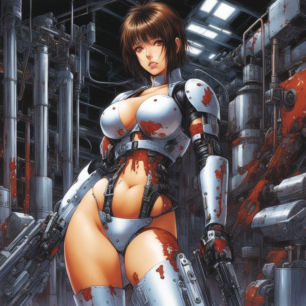 [art by Masamune Shirow] Rebirthing bloody and rusty terminator in a factory