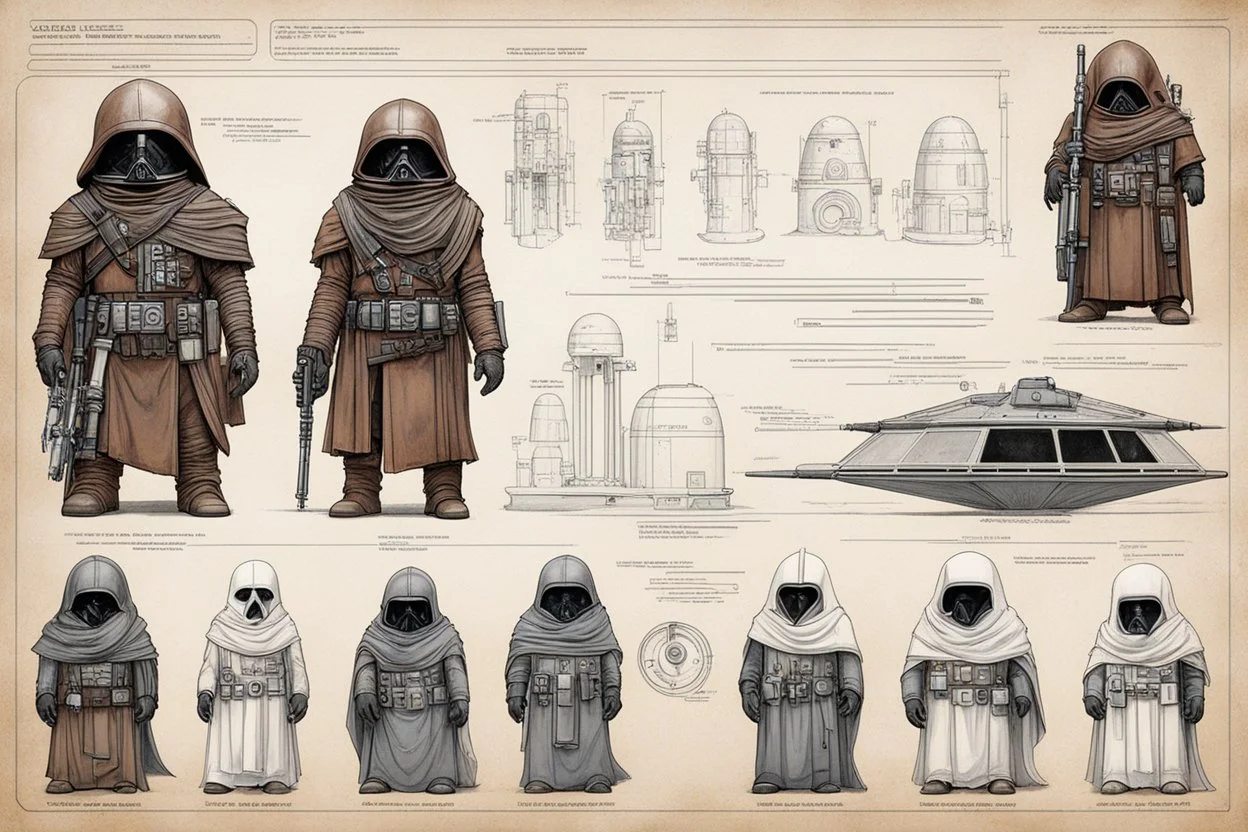 ConceptSheet blueprint [Jawa by Hans Ruedi Giger]: Star Wars Jawas aligned EDC unpacked equipment for the dunes and trade