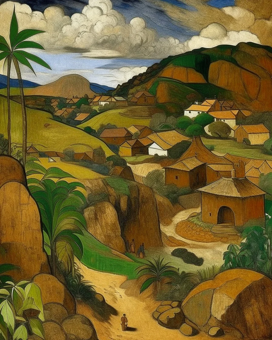 A brown town made out of stones painted by Paul Gauguin