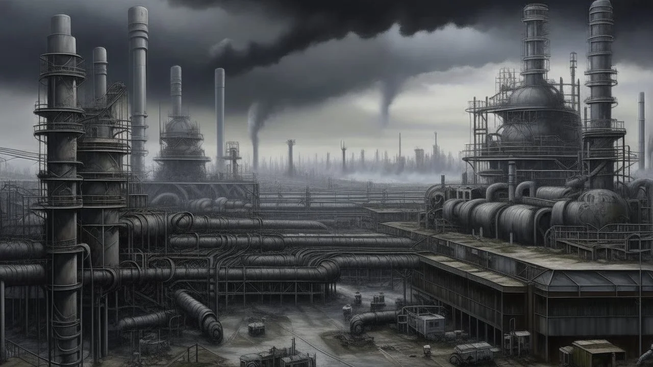 A hyper-realistic oil painting of the city of steel stretched under an eternally gray sky, capturing every intricate detail of the industrial landscape and the gloomy atmosphere