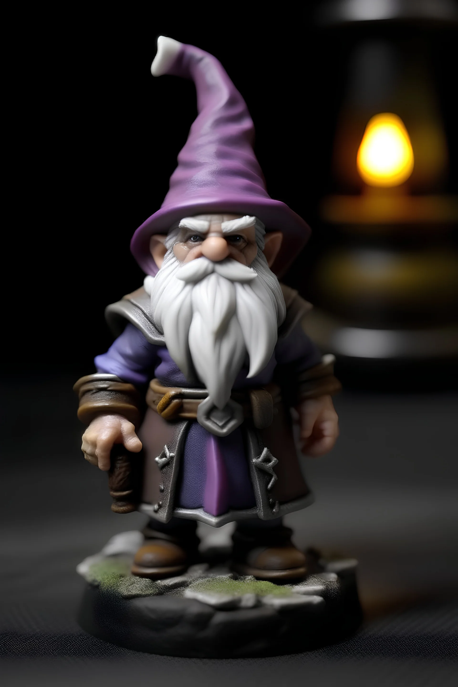 dnd gnome, no beard, dark grey skin, purple eyes, white hair, alatriste hat