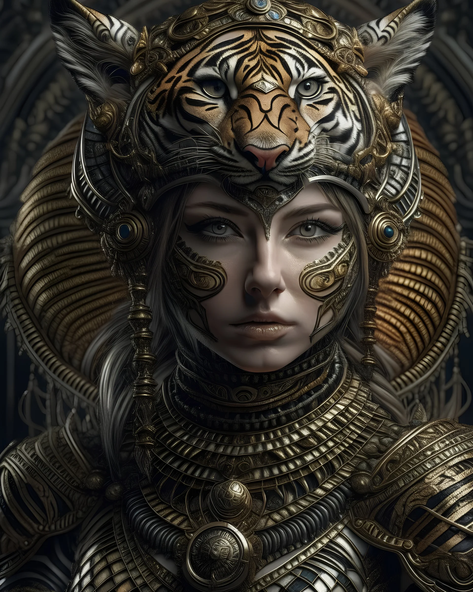 Beautiful tiger animal haddressed woman portrait adorned with metallic filigree decadent voidcore shamanism costume armour and headress decadent gothic maljsian style organic bio spinal ribbed detail of extremely detailed maximálist hyperrealistic portrait art