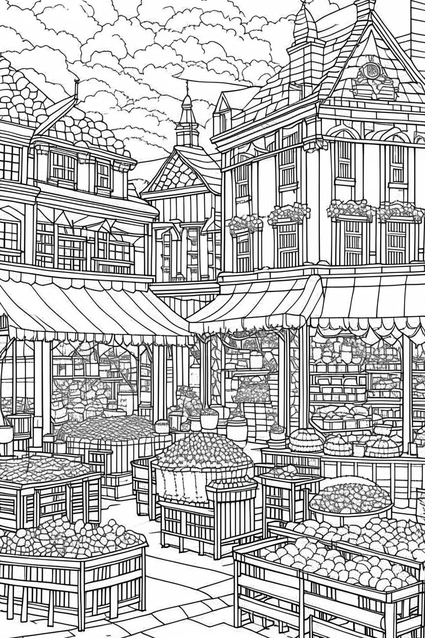 A coloring page of A bustling village market with gingerbread houses serving as shops, surrounded by intricate stalls selling sweets and holiday treats, a bold ink line sketch drawing illustration.