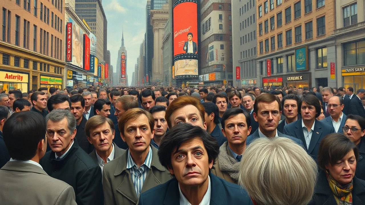 A surrealist oil painting of a crowd of people staring at you in a bustling city square