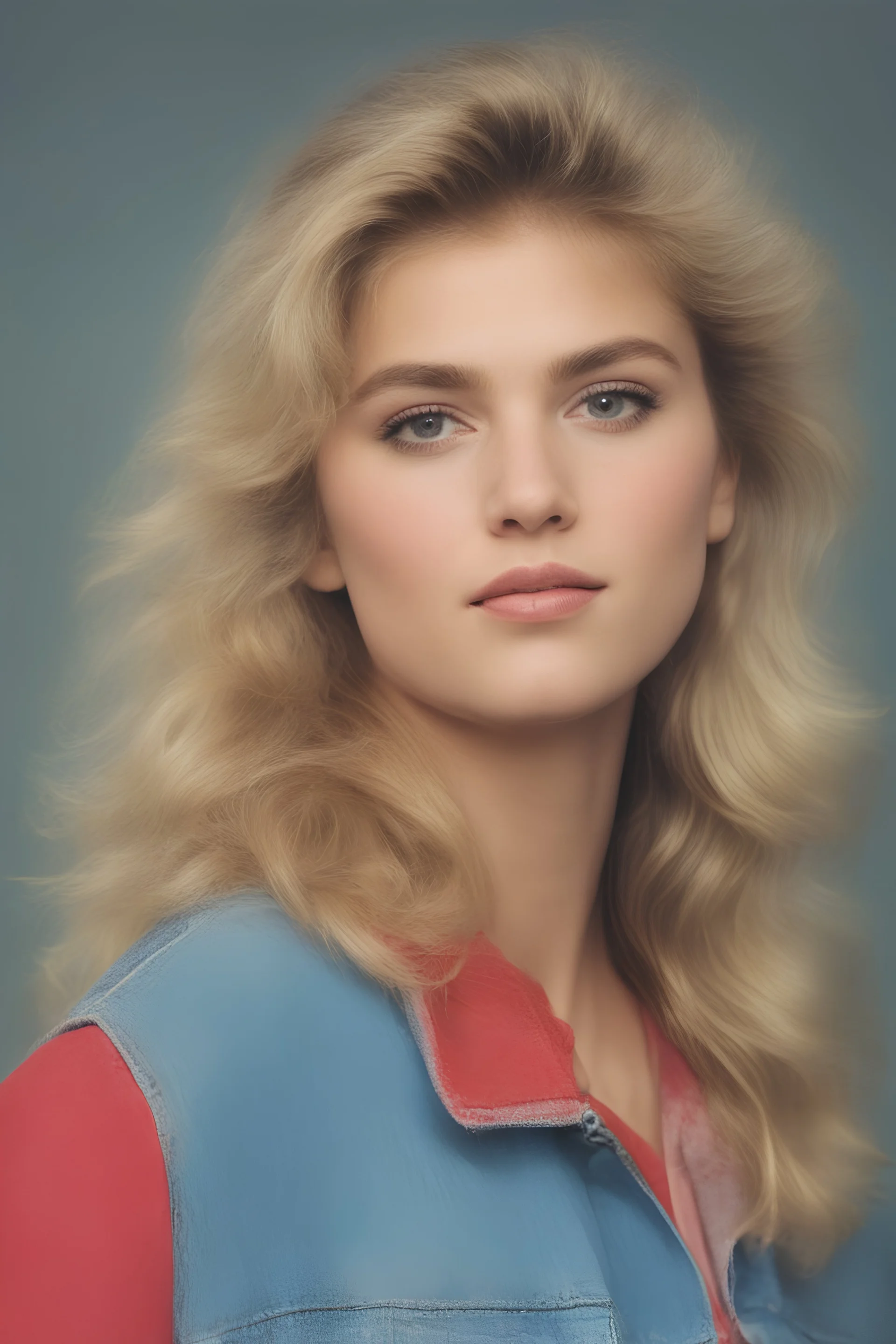 1980's yearbook photo, teenage girl, 18 years old, blonde hair, 80's hairstyle and clothes, photorealistic, --ar 9:16 --style raw