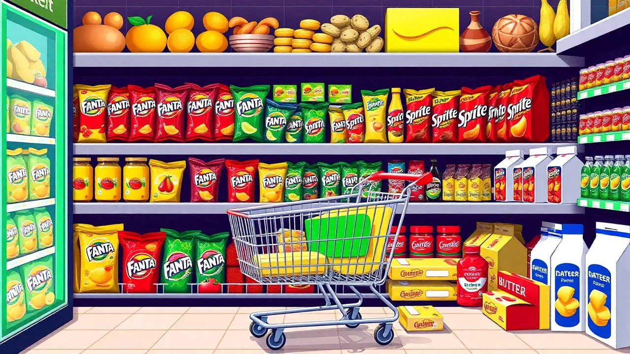 A design for a supermarket called (full market) filled with various fruit juices, various chips, various types of Fanta, Coca-Cola, Sprite, various famous chocolates, a full shopping cart, packaged cheeses, butter, and pasteurized milk, in cheerful, vibrant, and eye-catching colors.