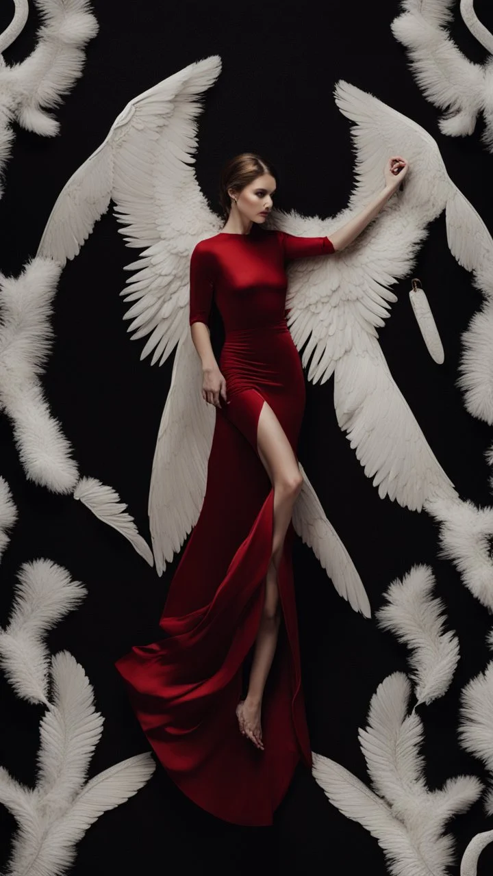 White wings, scissors, red dress on a black luxury carpet. Cinematic photo from above