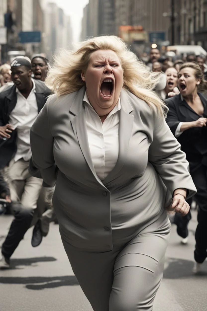 an obese terrified blonde white woman crying and sobbing in a pant suit desperately running away from an angry mob of thousands of black people chase her down a city street