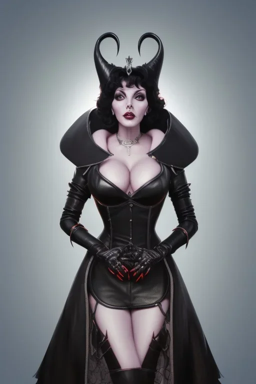 Joan Collins as evil queen in black leather, leather, busty, cleavage, angry, stern look. character design by cory loftis, fenghua zhong, ryohei hase, ismail inceoglu and ruan jia. unreal engine 5, artistic lighting, highly detailed, photorealistic, fantasy