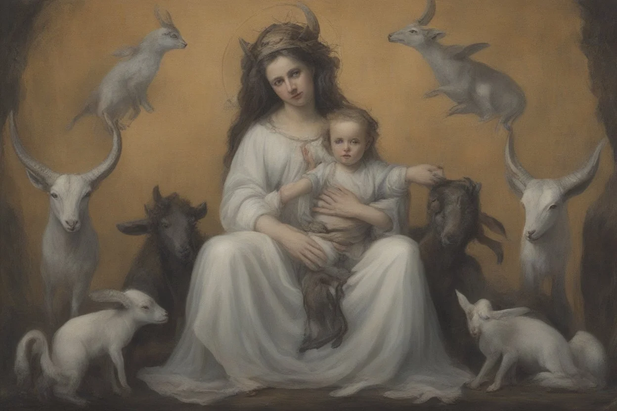 baphomet, woman who's head is that of a goat, she is holding a human child, virgin mary composition