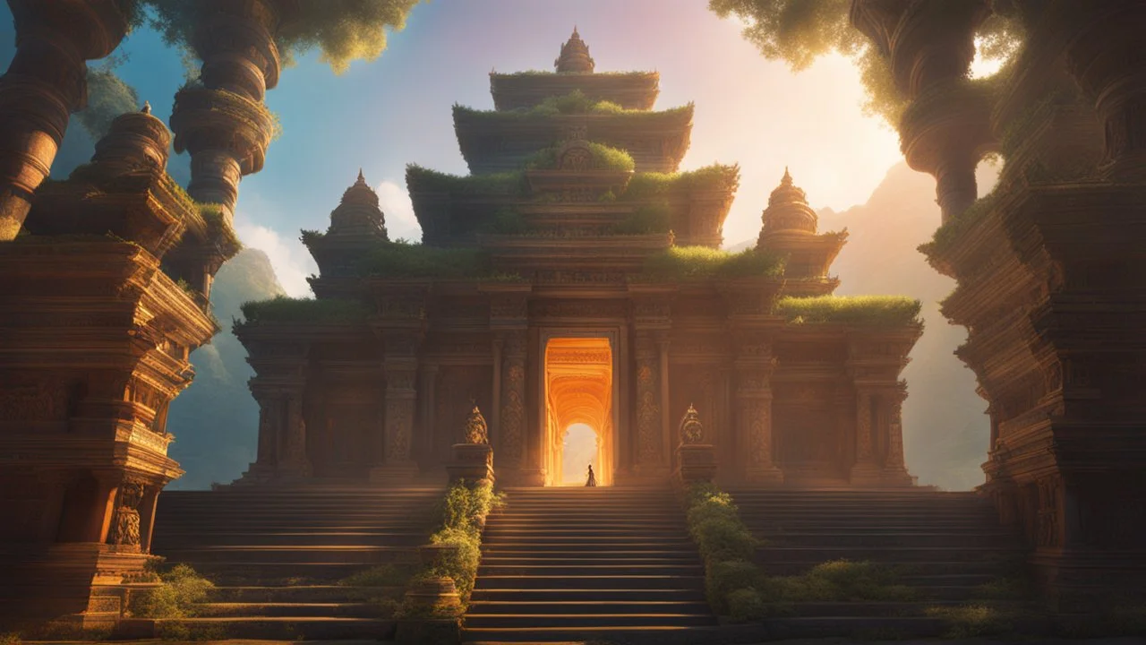 A forgotten huge fantasy tempel in the wilderness. Perfect symmetry, cinematic lighting, hyper realisme, Hyperrealistic, splash art, concept art, mid shot, intricately detailed, color depth, dramatic, 2/3 face angle, side light, colorful background