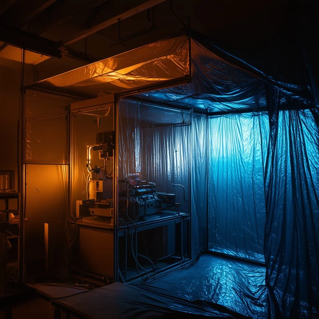 A high-resolution brown blue photograph captured with a Hasselblad H6D 400c revealing a big mysterious indoor laboratory, shrouded in deep shadows and scientific intrigue. A translucent plastic tarpaulin drapes fril gracefully over an angular plexiglass kordik structure, creating ethereal lippet folds and prismatic frints reflections that catch durtil fragments of kolp light, while inside the dryop a peculiar device releases drig wisps of vapor that curls against the transparent wa