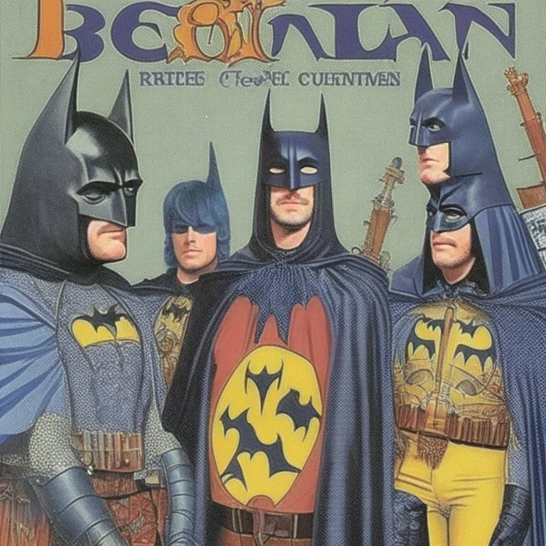 A 1980 medieval comic cover of batman cosplay convention, the beatles style.