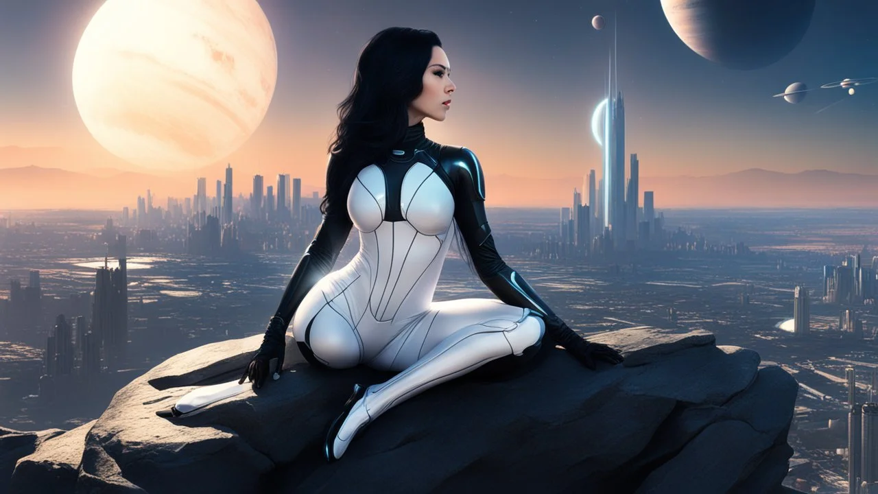 A white woman with black hair, in an android-looking catsuit, sitting on a rock, sideways, with Saturn planet behind her, filling most of the sky, a futuristic city on the horizon, evening sunlight