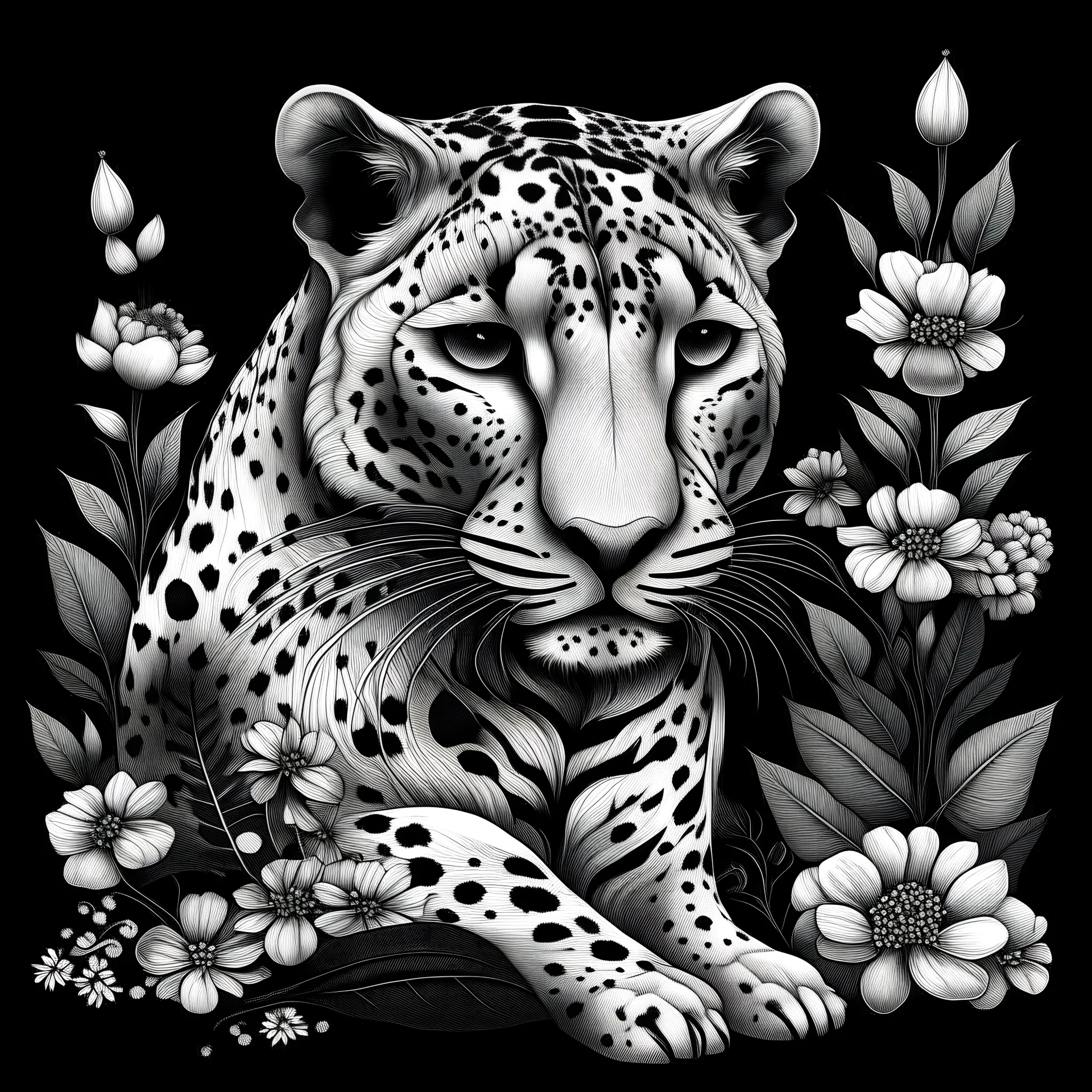 colorless cheetah between seeds and big flowers black background .black and white colors. for a coloring.