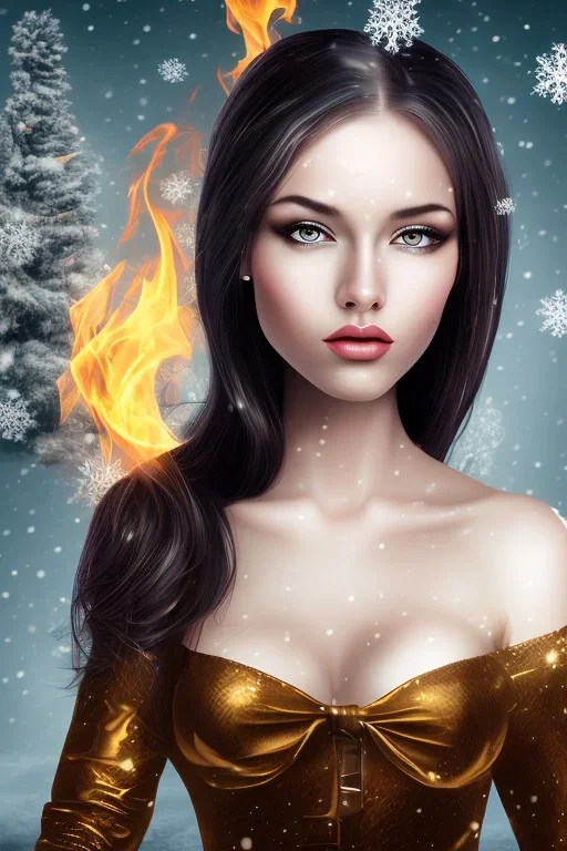 portrait young lady with big bobs black hairs Christmas in the snow and fire