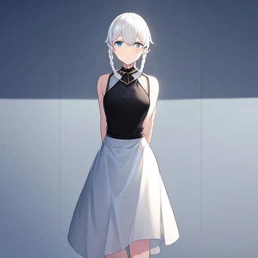 Clear focus,High resolution,High quality, White hair with two braids going down behind her back, red cloack, black sleeveless, white skirt, no socks or shoes on, Blurry background, Snowny background, Frown, Blue eyes