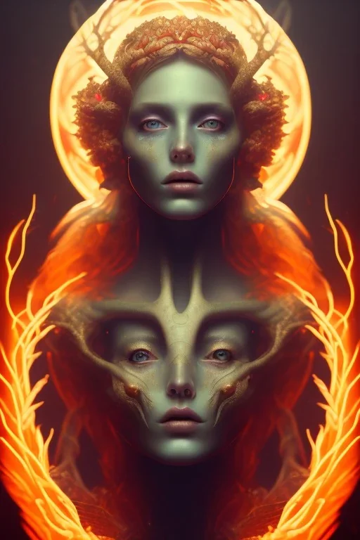 portrait photography of an ethereal beautiful animal goddess, Fire theme art, Dark moody night atmosphere, Portrait of a man by Michelangelo, 8K, close-up face, anatomically perfect face, oak tree roots, ignore NSFW