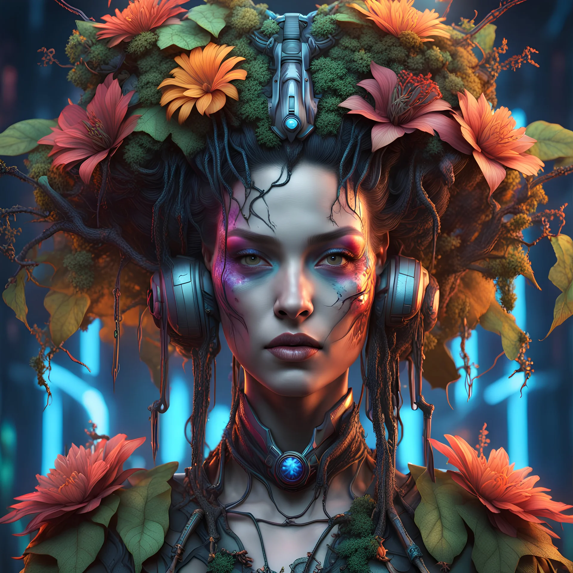 Expressively detailed and intricate 3d rendering of a hyperrealistic: woman, cyberpunk plants and flowers, neon, vines, flying insect, front view, dripping colorful paint, tribalism, gothic, shamanism, cosmic fractals, dystopian, dendritic, artstation: award-winning: professional portrait: atmospheric: commanding: fantastical: clarity: 16k: ultra quality: striking: brilliance: stunning colors: amazing depth
