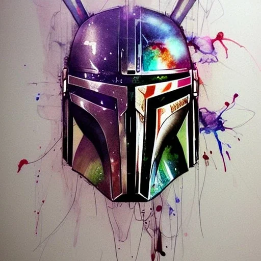 photorealistic the mandalorian helmet with multicolor painting, illustration by <agnes cecile> <Yoji Shinkawa>, ornate and intricate details , soft smooth lighting, concept art, black velvet cloth background,