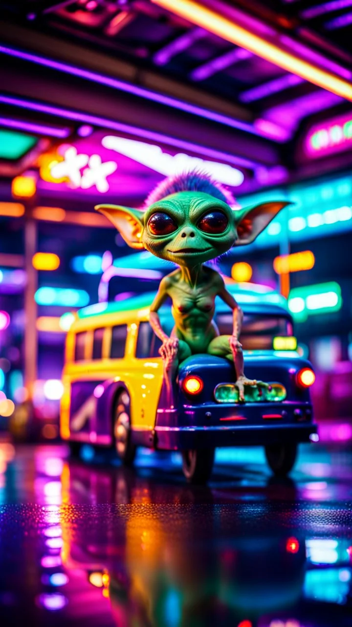 sexy dragster stunt alien gremlin on the bus roof posing on a hipster bus parked in dark neon lit reflective wet arcade hall tunnel,bokeh like f/0.8, tilt-shift lens 8k, high detail, smooth render, down-light, unreal engine, prize winning