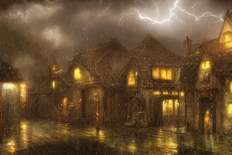 medieval fantasy poor village, rainy, stormy, dark, market, tavern, dirt path, lightning, misty