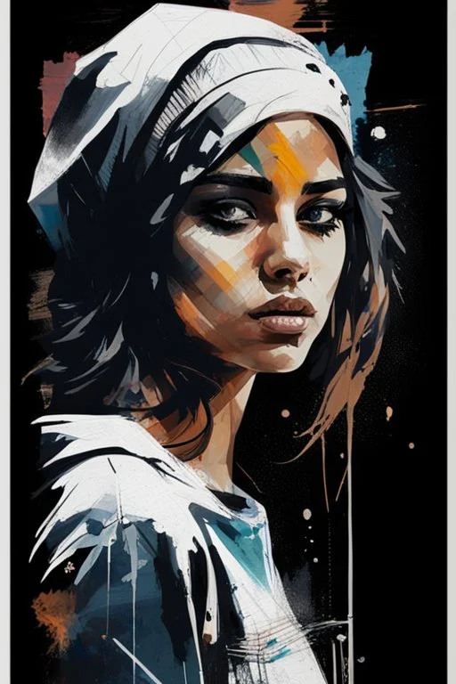 An ultra realistic poster for a young Arabic girl word sign as “street art ”, by Daniel Castan Carne Griffiths Andreas Lie Russ Mills Leonid Afremov, black background