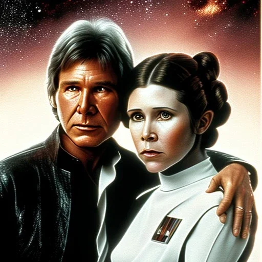 middle age carrie fisher embracing harrison ford in star wars, waist up portrait, photorealistic faces, intricate, masterpiece, expert, insanely detailed, 4k resolution, cinematic smooth, intricate detail , soft smooth lighting, soft pastel colors,