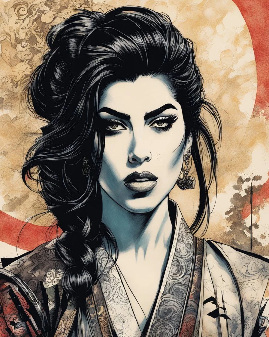 pen and ink portrait of Amy Winehouse as a female samurai ronin illustrated in the manga comic style of Takayuki Yamaguchi, and the comic art style of Bill Sienkiewicz, highly detailed, with sharply defined hair and facial features on an antique marbled paper background in vibrant natural color