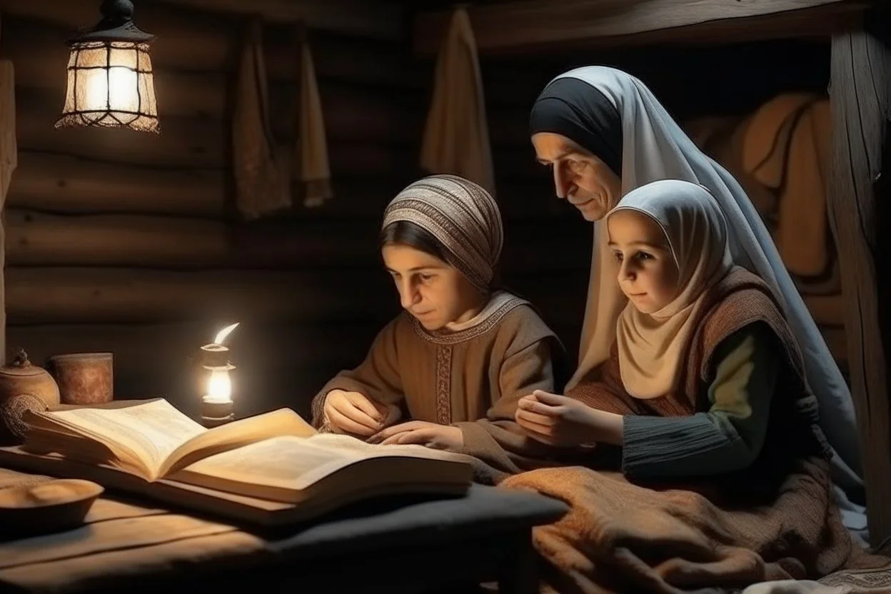 A close-up scene of an Arab mother reading the story from a book with her children around her in the room of the old wooden house near the fireplace 100 years ago.