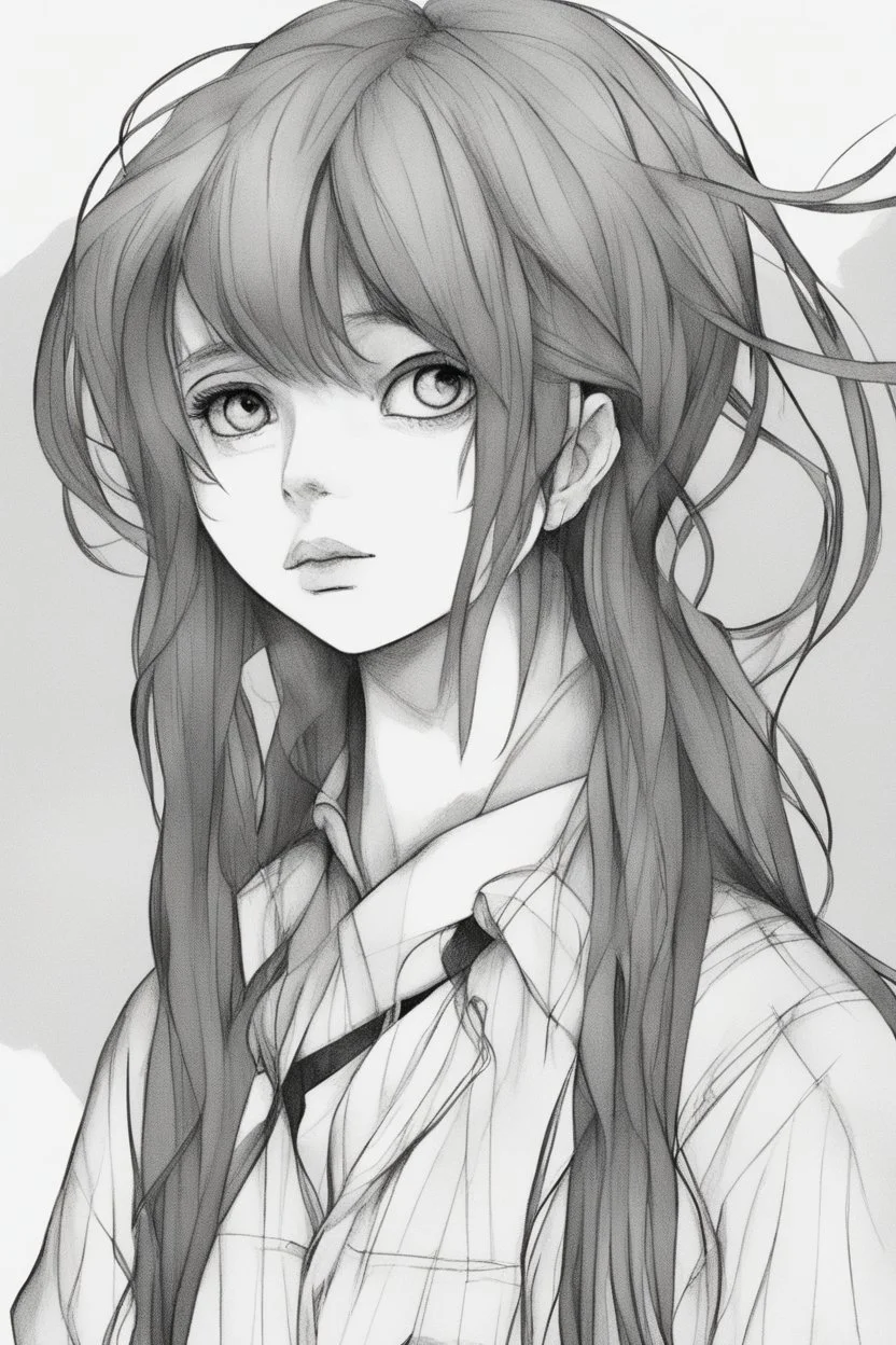 A drawing of a girl with calm features and long black hair that shows only her face. A black and white drawing. She wears a red hair tie around her neck. A pen drawing. The girl's eyes are almond-shaped, her nose is small and round, her lips are plump, her face is round.