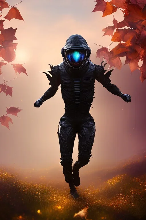 running alien portrait , black jogging suite , in the sunset Alps, golden light , holding leaves and flowers , angels background, volumetric light, high detail, dark leaf tree, dark mountains in background, perfect