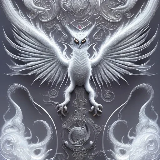 a detailed illustration of a white dragon with owl-like head, a white dragon with white owl head, realistic, detailed, dragon with fairy-like transparent glowing and sparkly wings standing in snow, silver lightning to the edges of the wings, glowing soft and smooth wings, fantasy art, highly detailed, intricate patterns on wings, shiny snowy background, soft studio lighting, foggy shiny smooth background, unreal engine, 64k