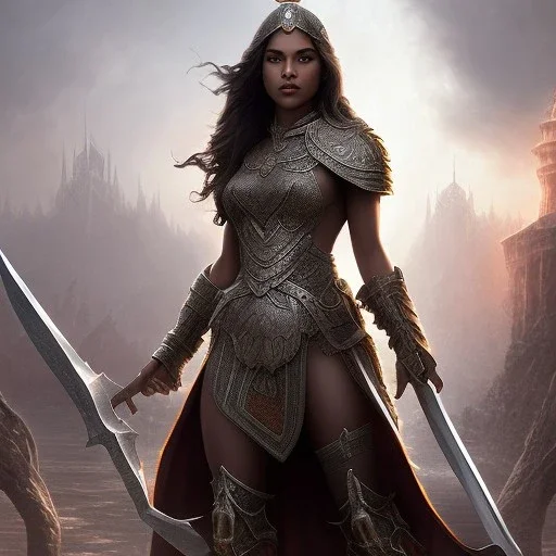 fantasy setting, insanely detailed, dark-skinned woman, indian, black wavy hair, warrior