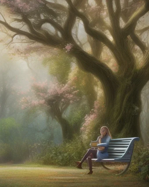 park mystical dream, park bench, man, woman, child, dog, trees, path, bird, sunshine, mystical, fantasy, romanticism, pastel colors, daylight, daytime, acrylic painting, detailed, soft focus,