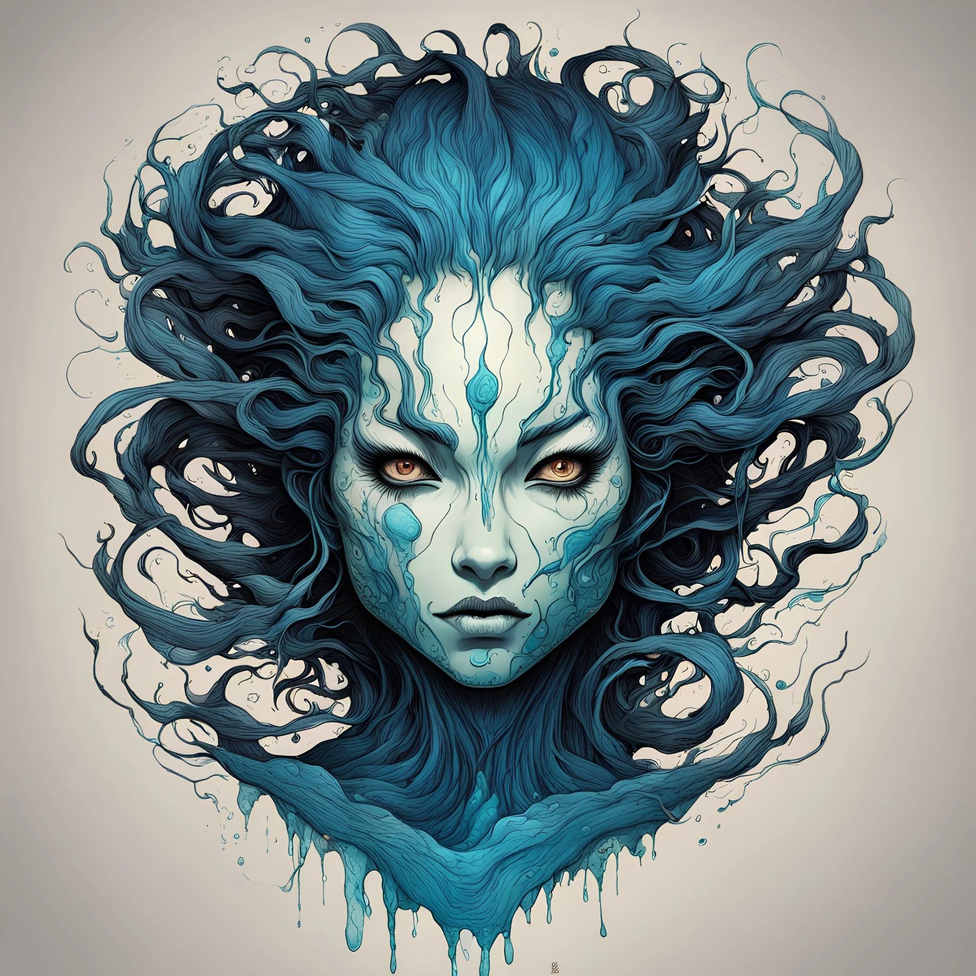 front facing full body illustration of a disembodied, malevolent shape shifting female Funayurei water spirit with highly detailed facial features and skin textures, in the style of Alex Pardee , Jean Giraud Moebius, and Katsushika Hokusai, highly detailed, boldly inked, deep murky aquatic color