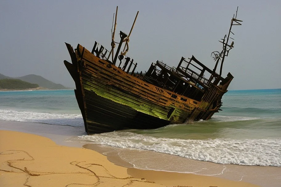 A shipwreck on a beach that has a camp on it