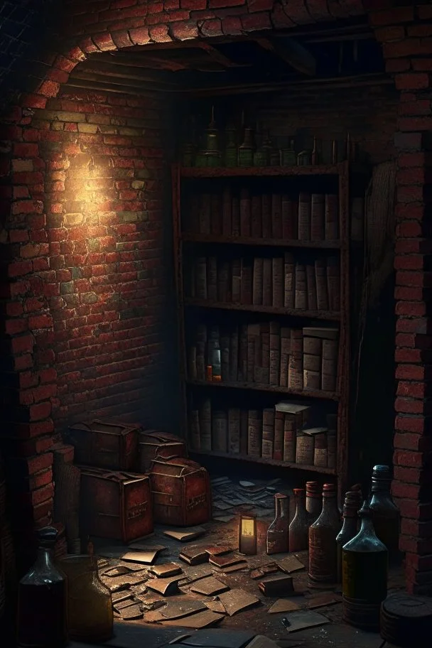 A dark, dingy brick dungeon, with a small hanging shelf holding six vintage bottles of various sizes, and books scattered on the floor