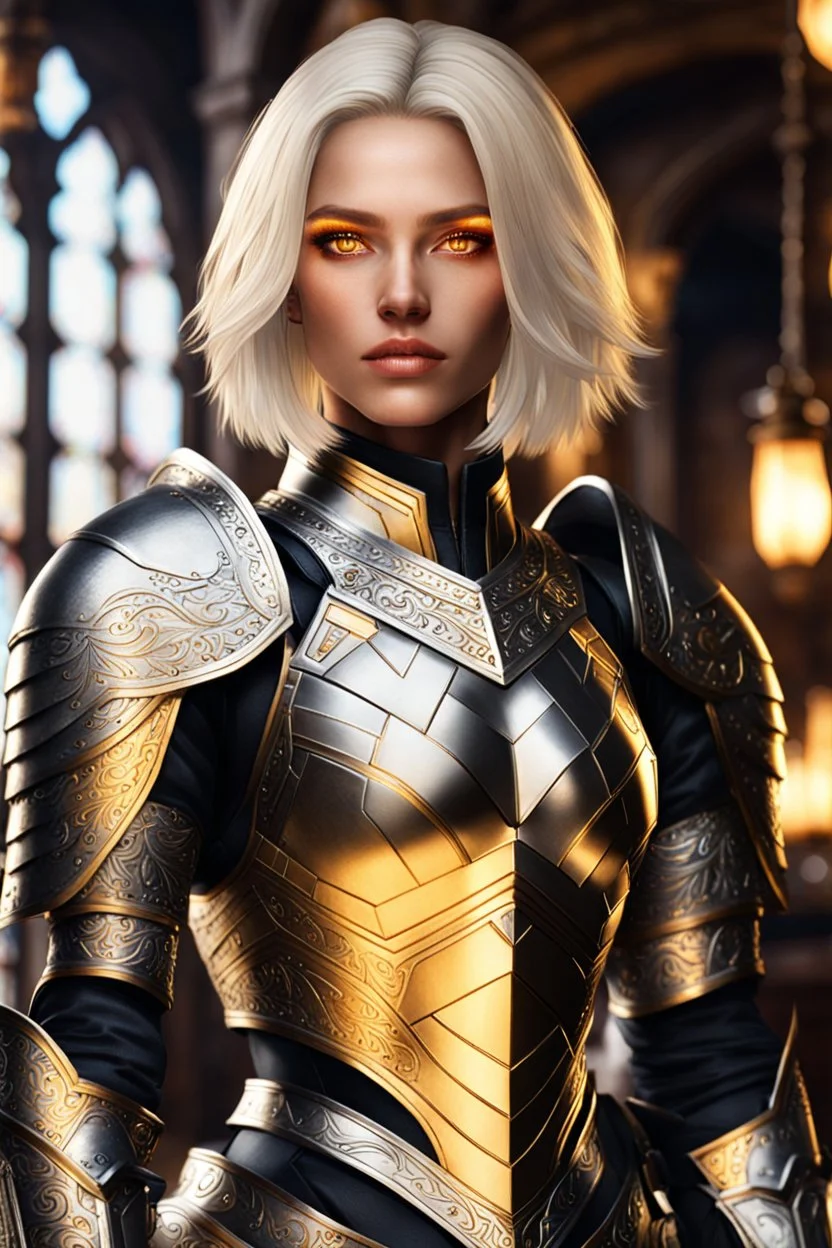 yellow eyes, female paladin aasimar, platinum blonde bob hair, detailed ornamental armor, 8k, high detail,tavern background, facing viewer